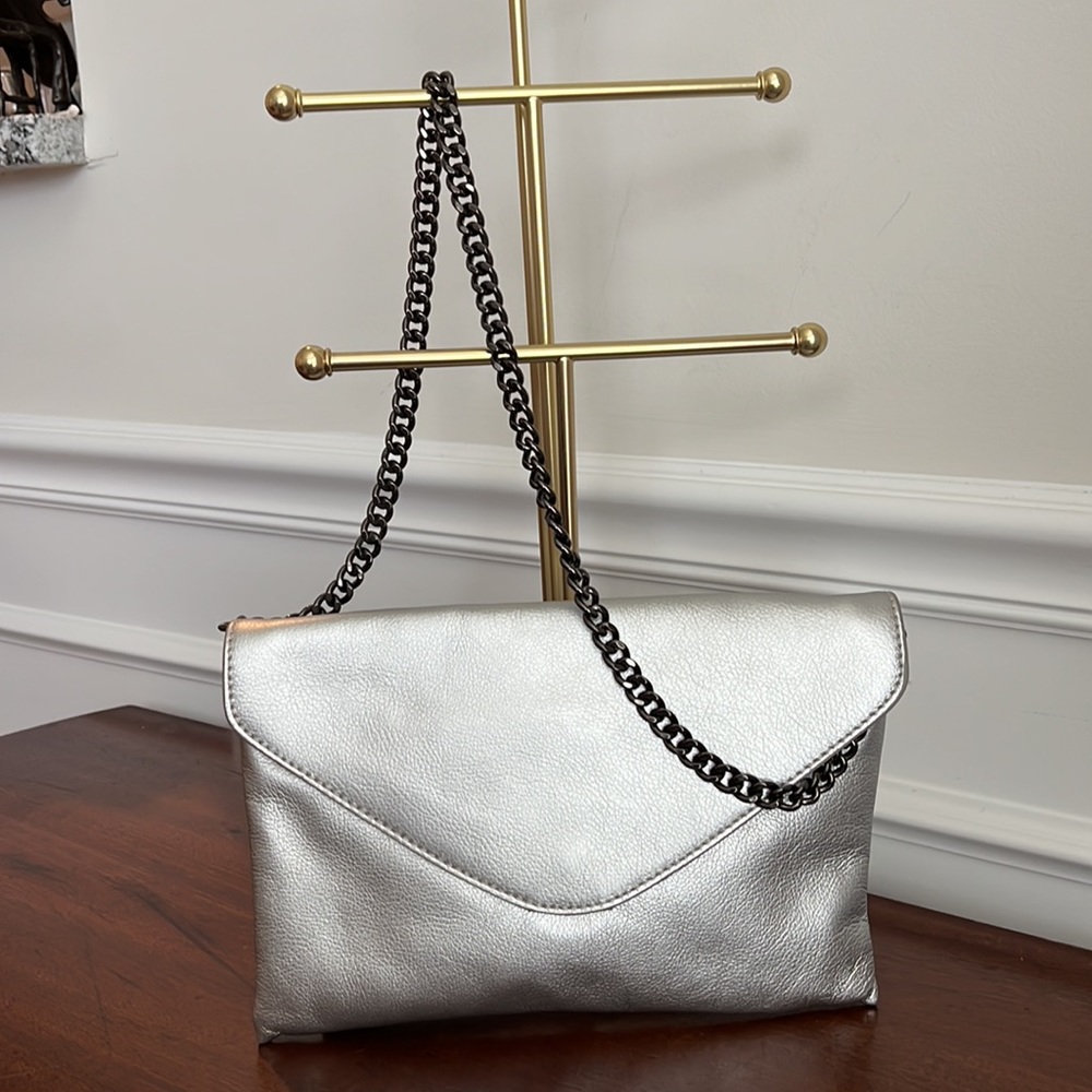 J. Crew Factory Envelope silver Leather Shoulder Bag Clutch with Chain Strap